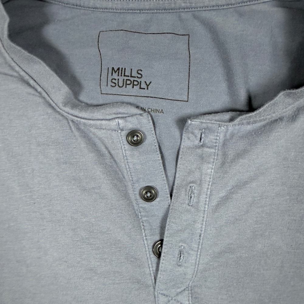 Mills‎ Supply Henley Shirt Mens Medium Slate Blue Gray Short Sleeve 3-Button Tee